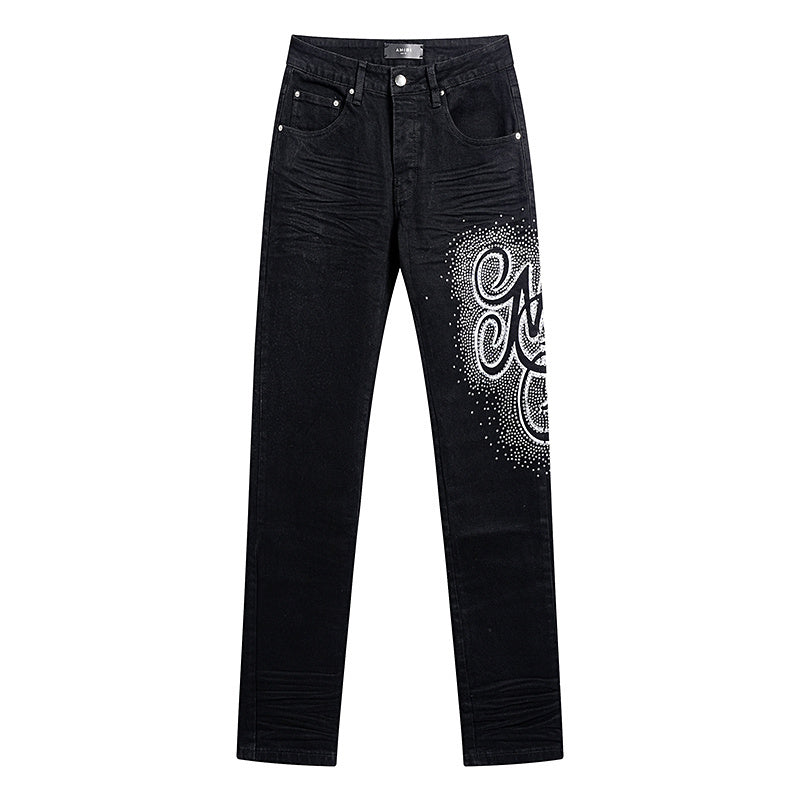 Amiri Blk MA Swirl Crystal Skinny Jeans