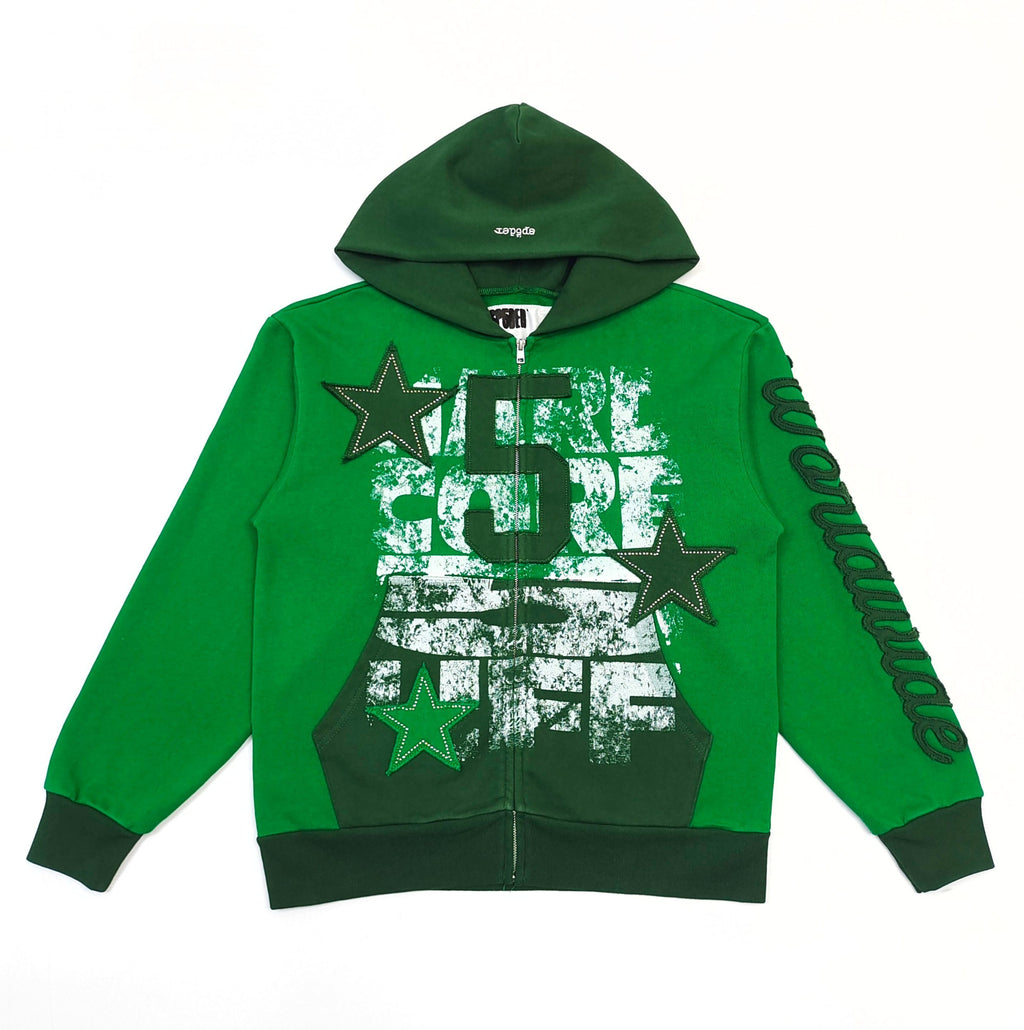 Sp5der Triple 5 Stitch Zip Up Hoodie Green